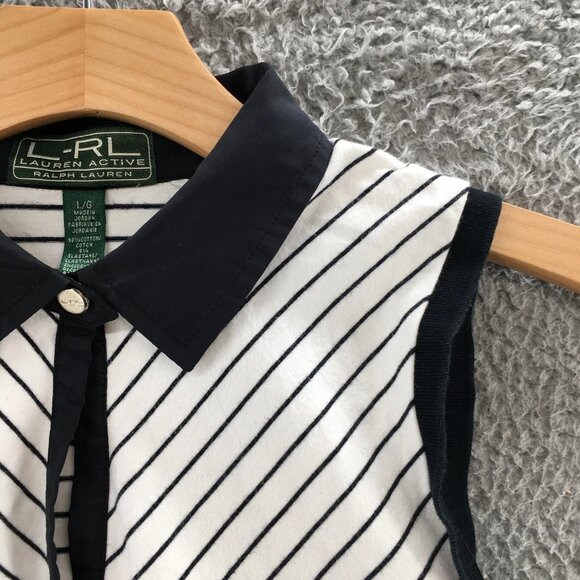 Ralph Lauren Sleeveless Polo Shirt Womens L White Blue Collared Striped Casual - Picture 4 of 14